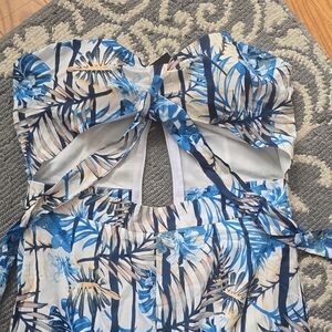 Fashion Nova White and Blue Strapless Jumpsuit